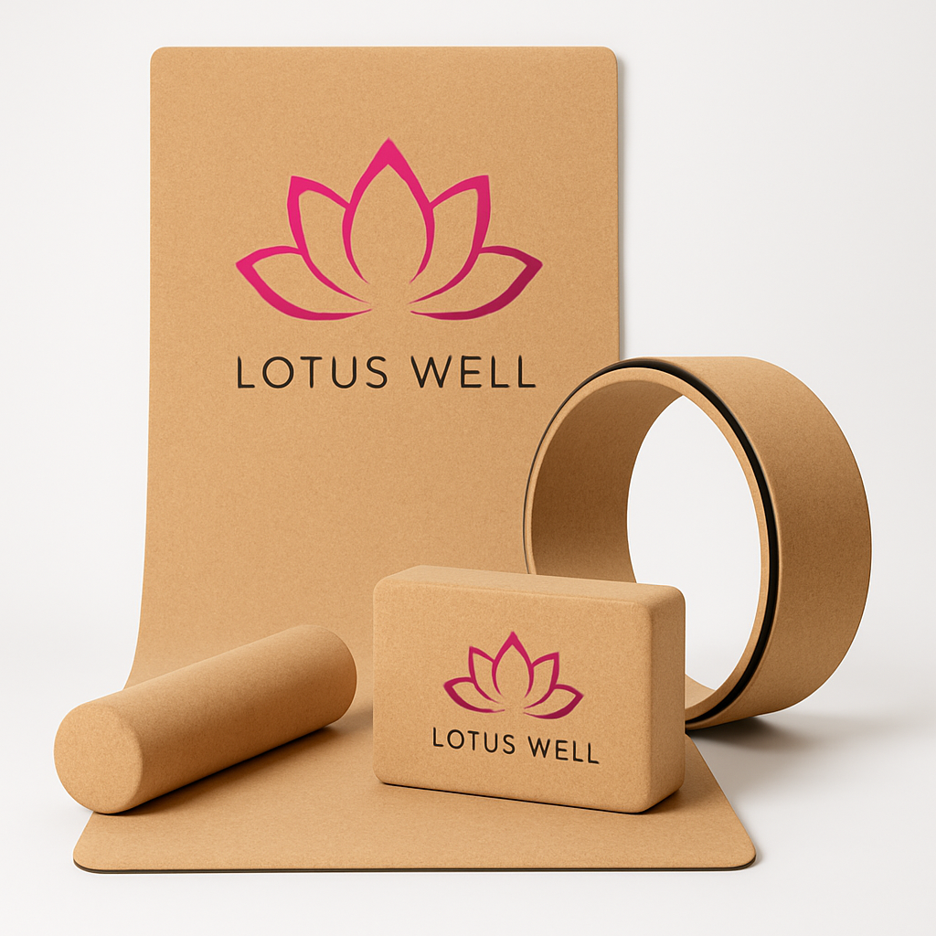 Yoga accessories with Lotus Well logo on a white background