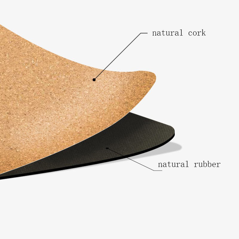 Yoga mat with natural cork and natural rubber layers labeled