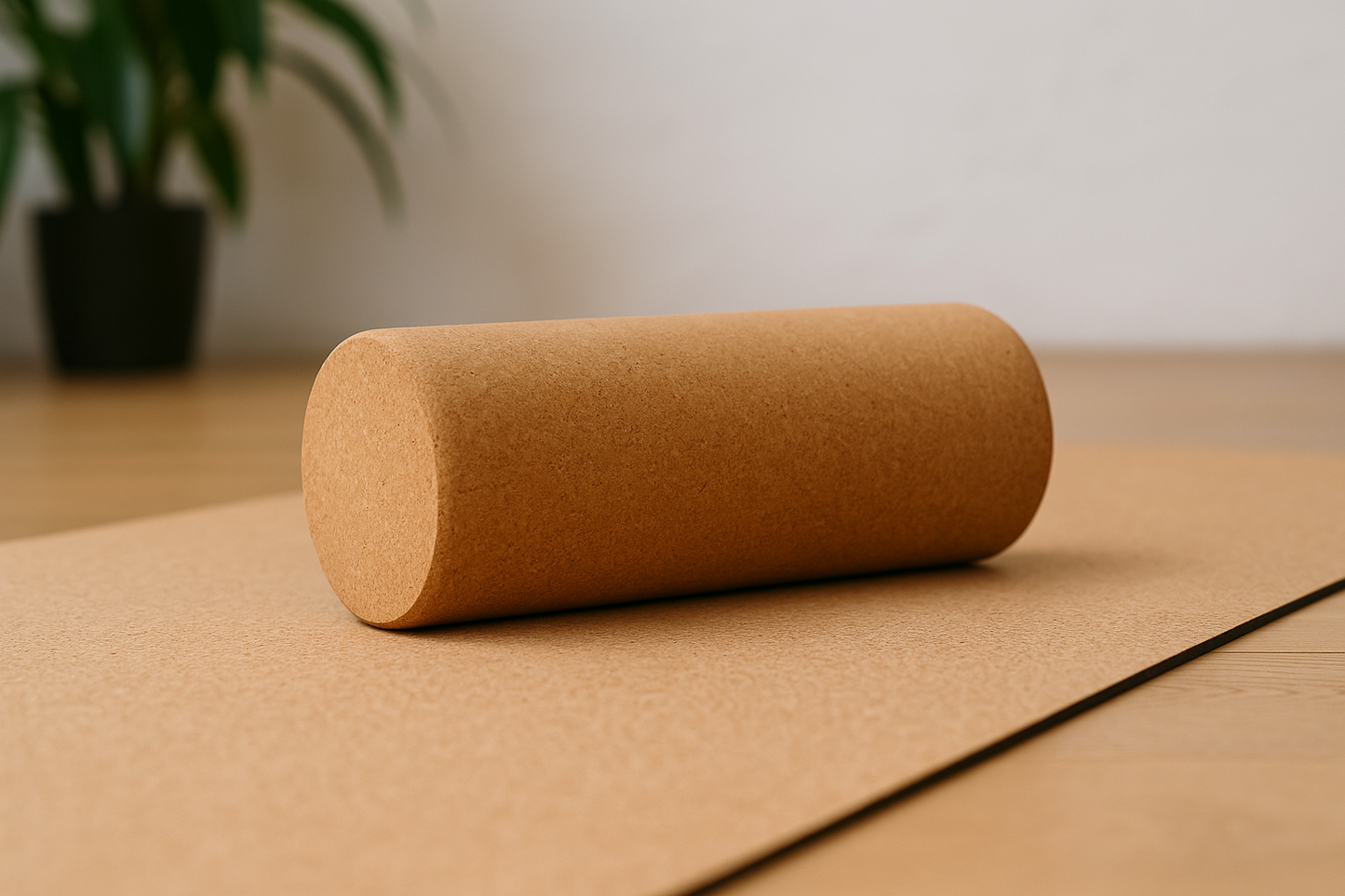 Cork yoga roller on a cork yoga mat with a plant in the background