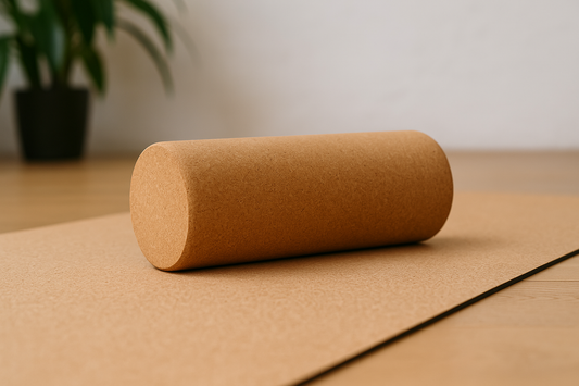 Cork yoga roller on a cork yoga mat with a plant in the background