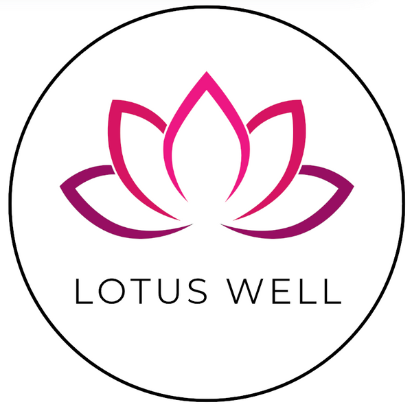 Logo of Lotus Well with a maroon lotus flower inside a black circle on a white background